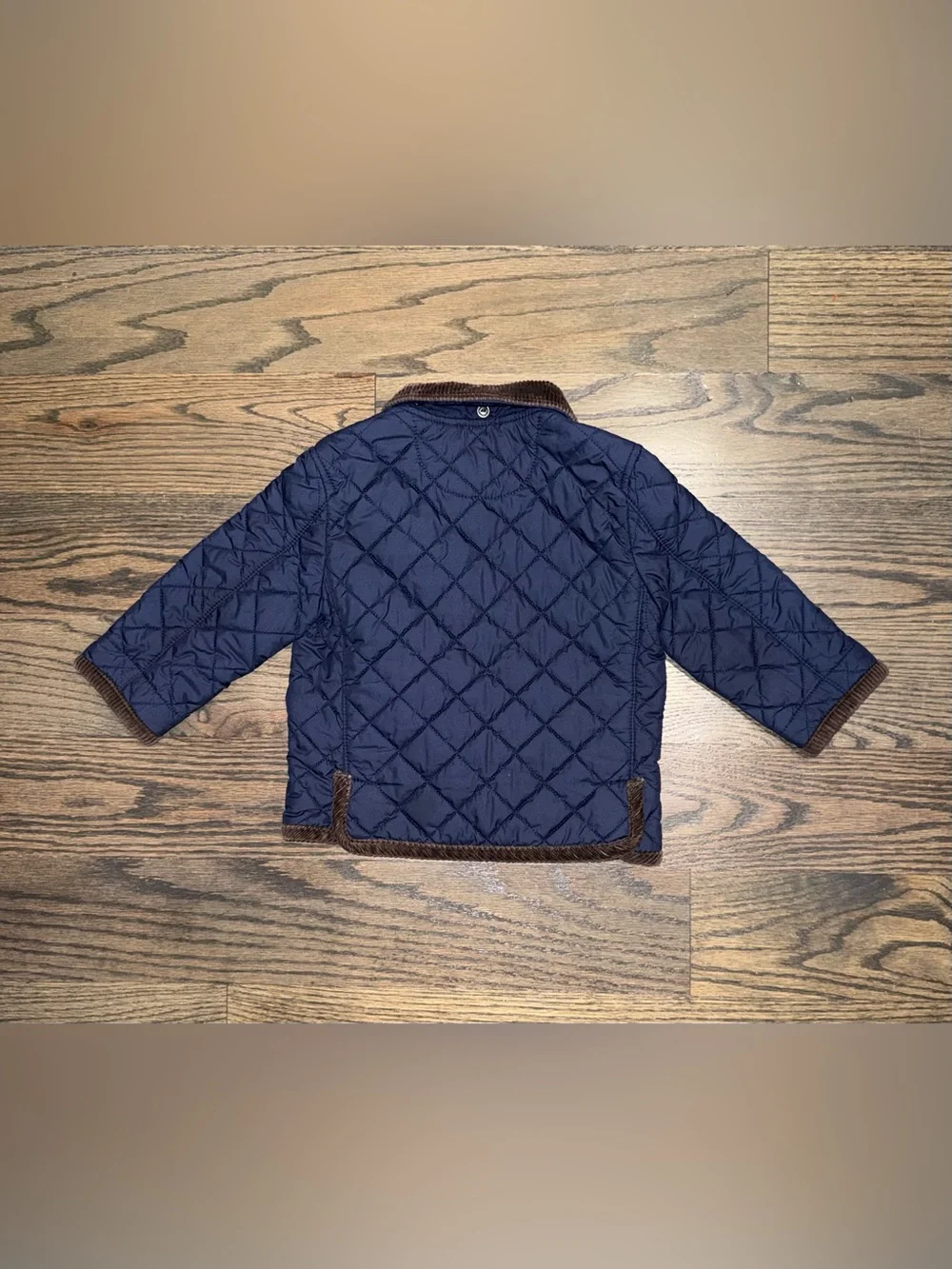 Ralph Lauren quilted barn jacket in navy blue with a brown corduroy collar kids